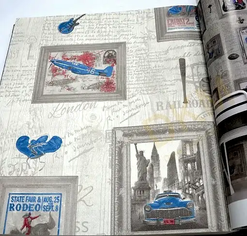 Decowall Royal Port 8816-02 Duvar Kağıdı Bej Simli Pop Art Desenli Mavi